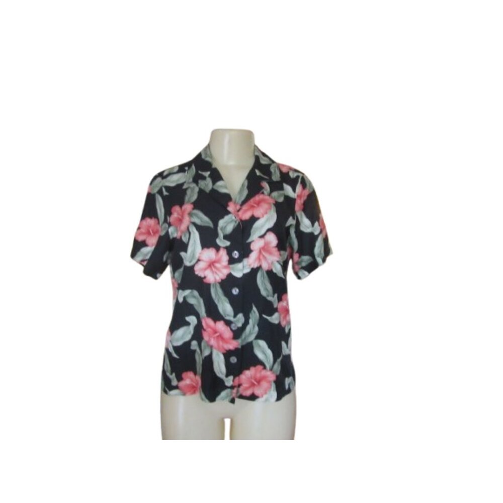 Tommy Bahama Floral Button-Up Shirt Black w Pink Hibiscus 100% Silk Size S